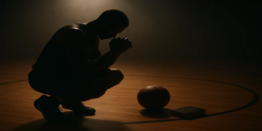Landscape image of a silhouetted NBA player praying courtside with a basketball and Bible