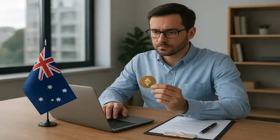 Australian investor completing KYC on secure crypto exchange app, showing Ethereum chart, AUSTRAC logo, bank transfer icons, and tax records overlay. Buying Ethereum in Australia