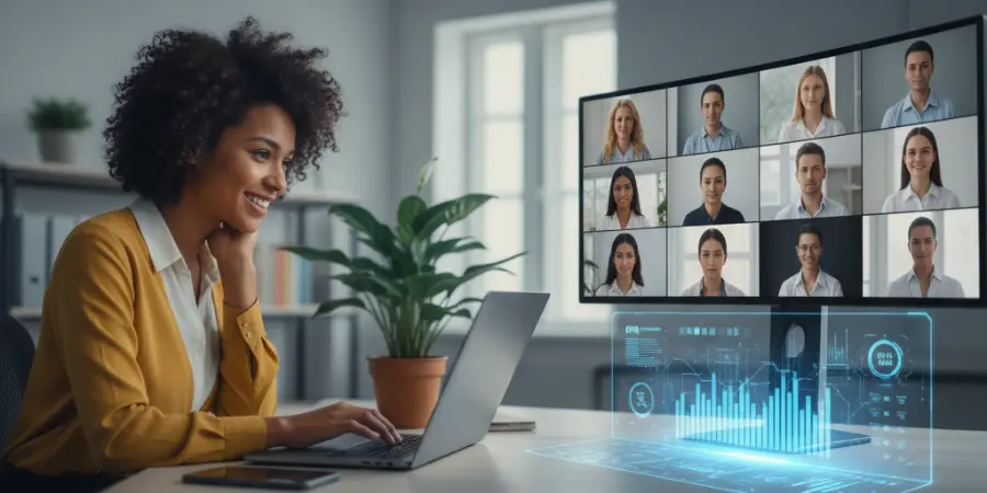 Candidate recording asynchronous video response on laptop during flexible screening, with standardized question prompts, bias-reduction icons, and team review dashboard overlay. One-Way Interviews.