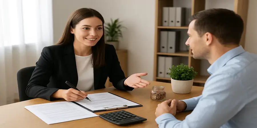 Financial advisor discussing customized wealth roadmap with client, showing charts for investments, tax strategies, and asset protection icons. Personalized Wealth Planning. Financial advisor discussing customized wealth roadmap with client, showing charts for investments, tax strategies, and asset protection icons. Personalized Wealth Planning.